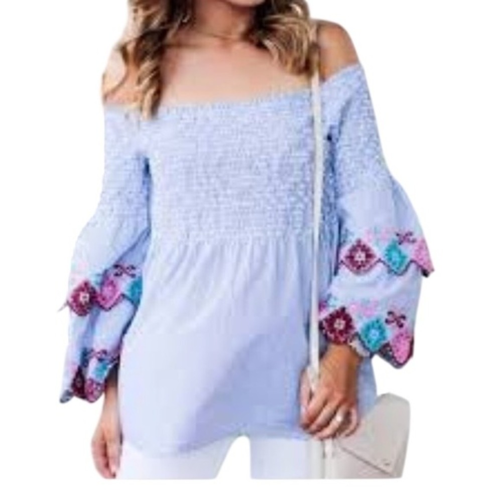 LOFT Blue White Stripe Smocked Off‎ Shoulder Bell Sleeve Embroidered Top XS